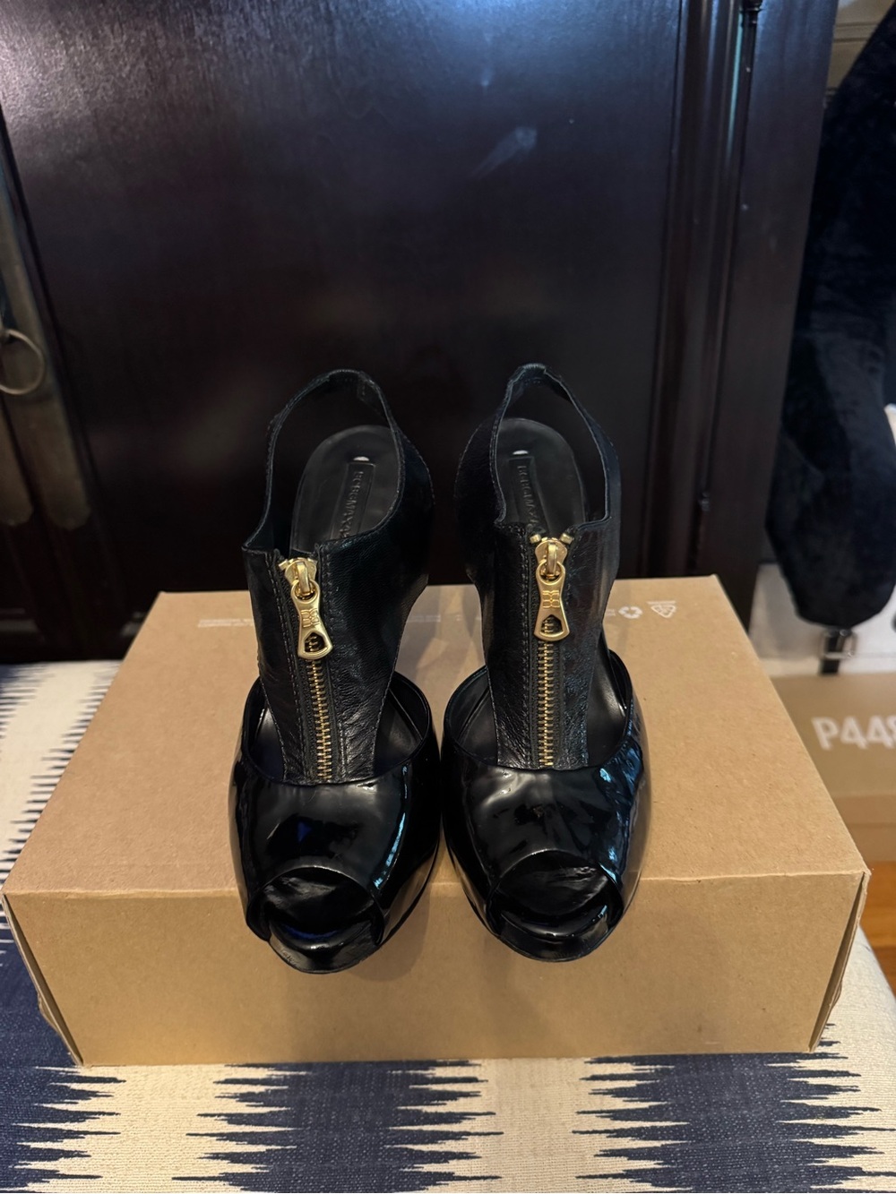 BCBGMaxAzria Black Peep-Toe Heels with Gold Front Zipper